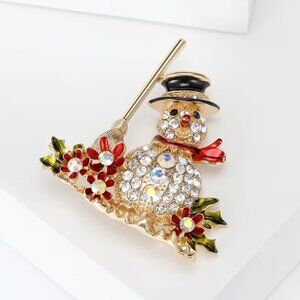 Elegant Holiday Festive Christmas Adorable Snowman w Broom Brooch